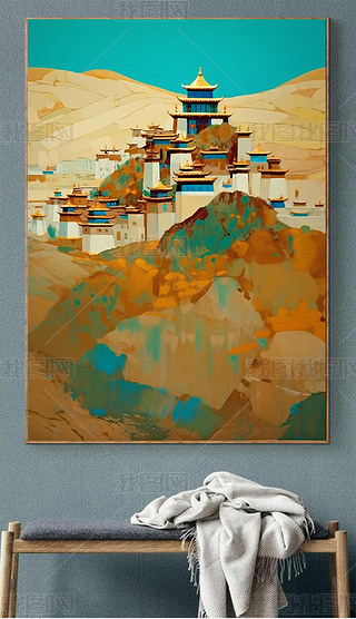 手绘珠海建筑装饰画|中国风国潮敦煌建筑手绘油画新中式入户玄关装饰