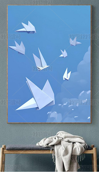 主卧立面图手绘装饰画|极简风格手绘油画纸飞机客厅装饰画氛围感玄关