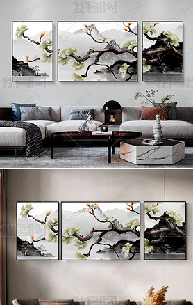 新中式水墨山水花香四溢客厅抽象装饰画