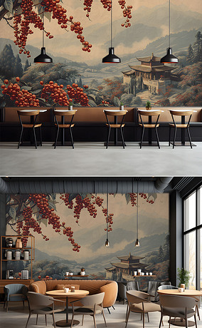 现代简约艺术手绘欧美咖啡店餐饮店背景墙1