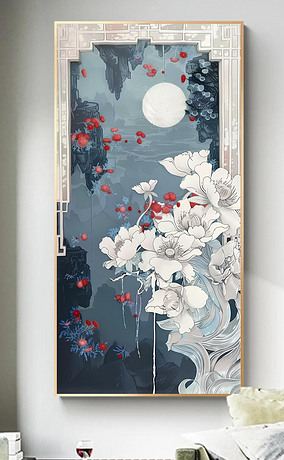 新中式青花瓷花瓶装饰画书房玄关国风挂画客厅卧室花卉纯手绘油画