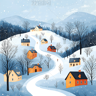 儿童绘画风格冬季田园插画——冬日积雪覆盖的乡村元素
