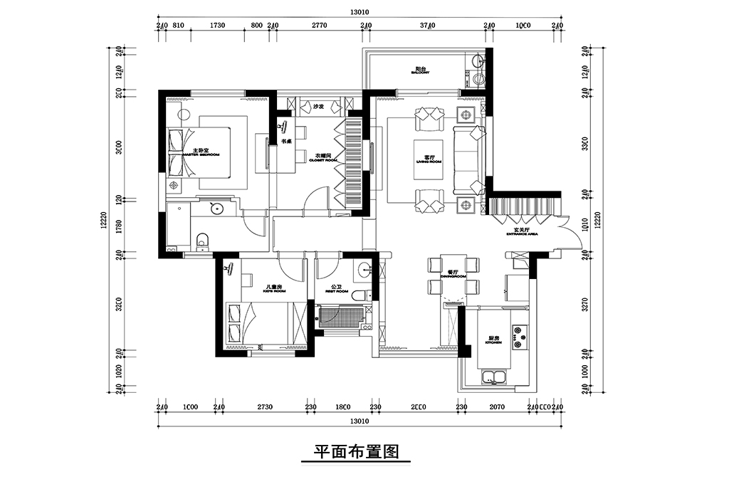 大气三室一厅家装平面布置图