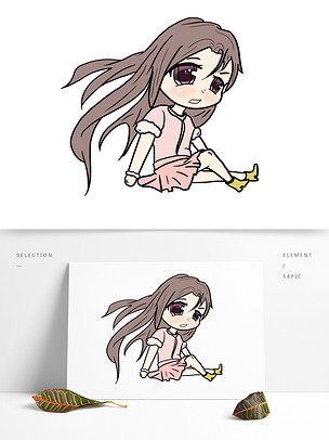 原创原创手绘可爱q版侧身坐着的女孩png格式版权可商用