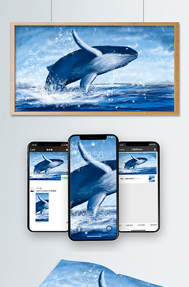 手绘跃出水面的鲸鱼