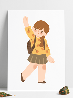 书包插画免抠元素|手绘可爱儿童插画学生上学挥手书包扁平风格