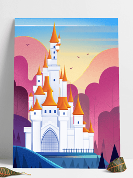 外国城堡渐变插画青竹竹叶无背景国潮卡通装饰元素水墨山水插画国风