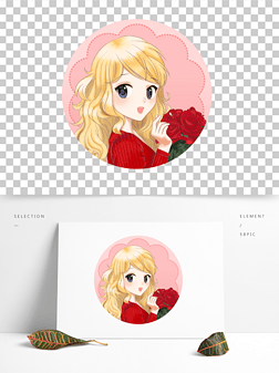 七夕比心玫瑰花女孩爱情手绘卡通元素