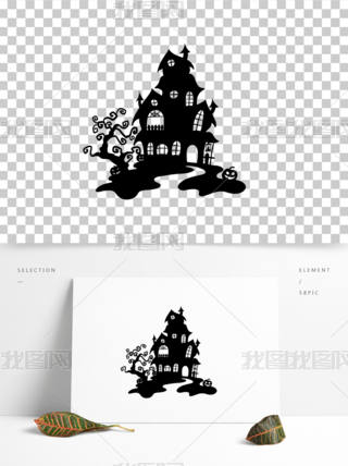 黑白万圣节城堡剪影节日装饰图案设计元素