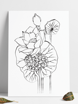 矢量黑白水墨画手绘荷花莲子