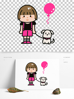 矢量插画设计小女孩遛狗手帐贴纸海报素材