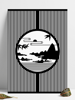 屏风矢量图免抠元素|黑白山水剪影矢量图
