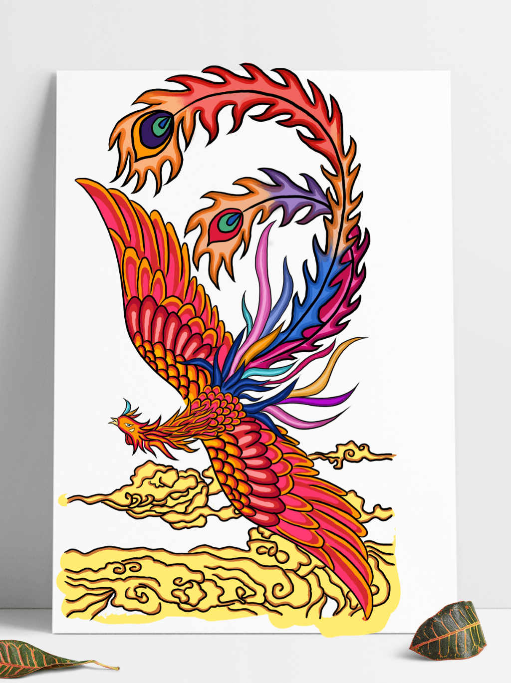 手绘国潮彩色凤凰