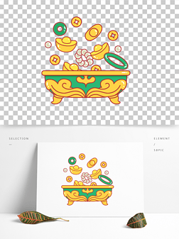 卡通手绘中国古代聚宝盆线条插画矢量装饰