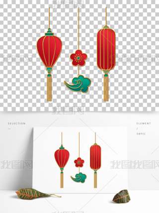 卡纸灯笼精致免抠元素|国潮风浮雕精致新年灯笼挂饰花卉浮雕