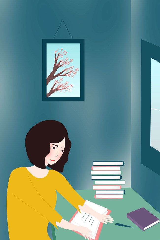 在桌前认真看书的女孩插画