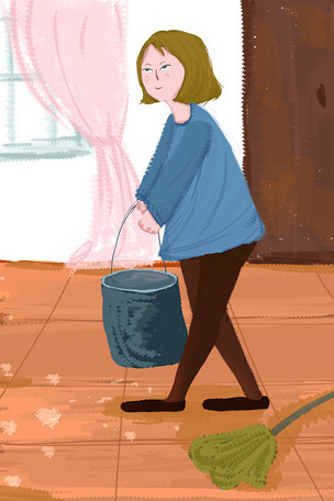 小女孩提水插画图