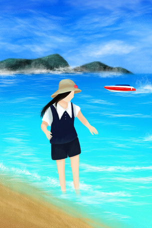 手绘插画女孩海边踏浪
