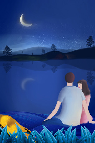 蓝色手绘唯美赏月的情侣插画