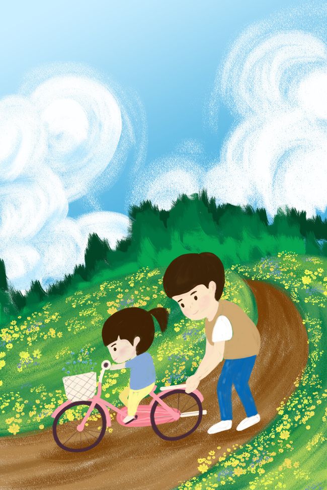 父亲节父女父亲教女儿骑车温暖肌理手绘插画