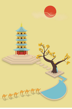 西北偏北之敦煌鸣沙山月牙泉景观插画