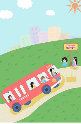 城市中生活公交车车站等车人手绘插画.