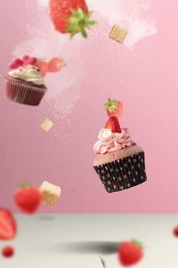 粉色漂浮草莓蛋糕创意合成广告背景