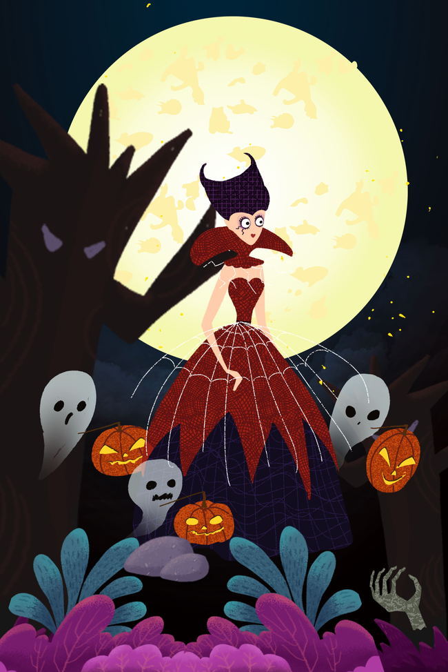 万圣节卡通手绘夜晚化妆舞会神秘创意背