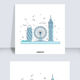 清新蓝色英国大本钟楼伦敦眼线性简约插画
