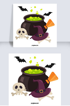 绿色扁平风格万圣节女巫魔法罐汤元素