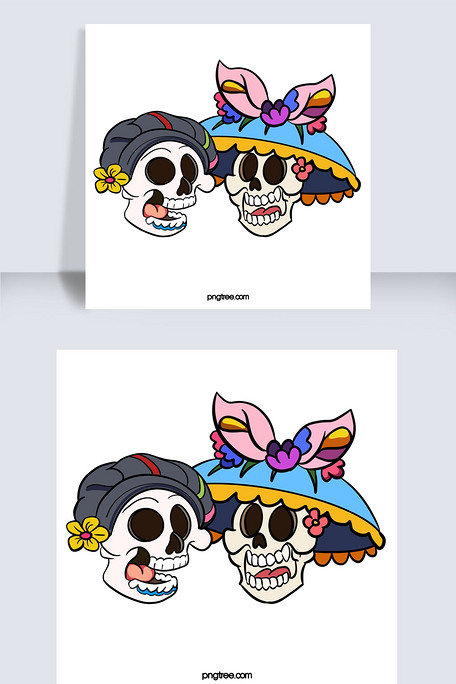 卡通手绘情侣亡灵节骷髅插画