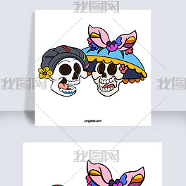 卡通手绘情侣亡灵节骷髅插画