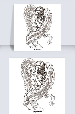 线条画黑白素描欧洲天使情人节女孩手绘元素素材