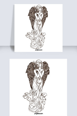 手绘黑白素描欧洲小天使情人节素材
