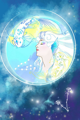 原创卡通手绘十二星座美女头像之双鱼座插画版权可商用