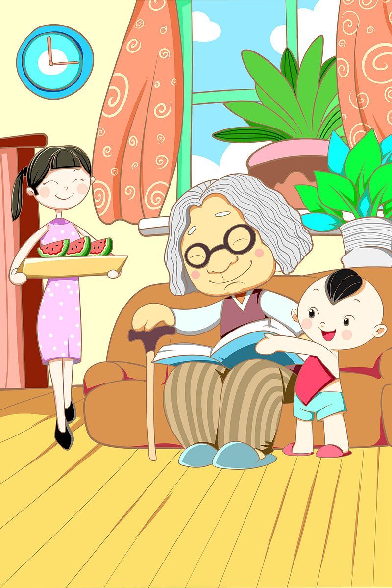 扶老携幼背景插画