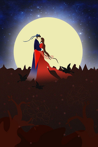 七夕牛郎织女相会插画