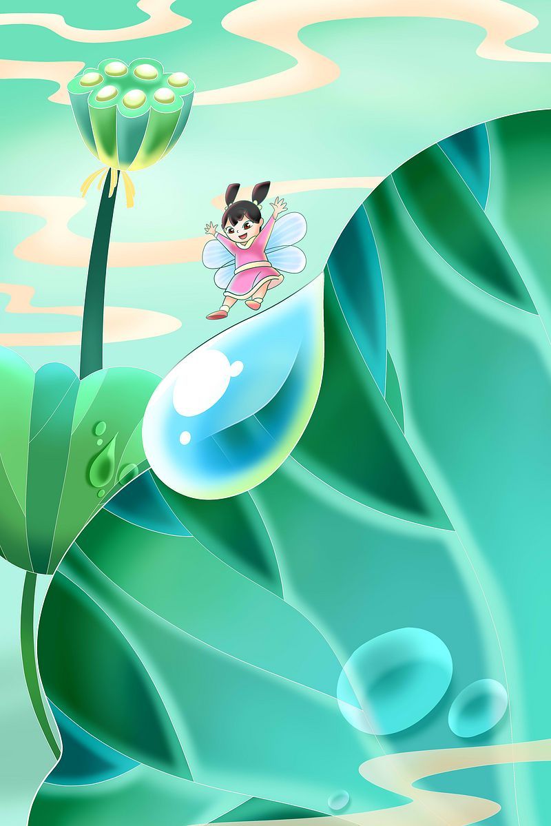二十四节气白露水滴荷叶手绘插画