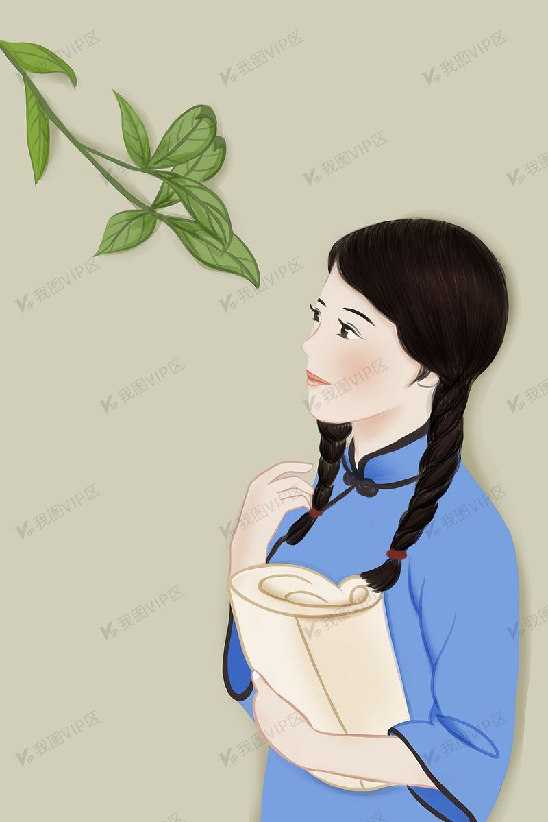 手绘风格民国女学生插画