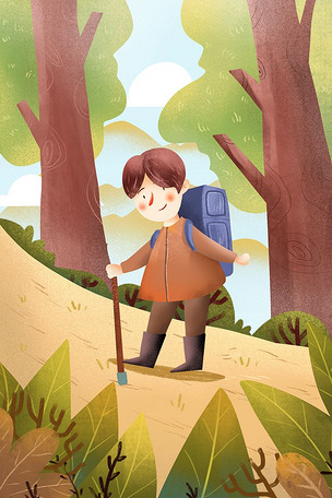 小清新手绘国庆节旅游登山插画