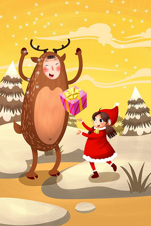 圣诞节日麋鹿和小女孩手绘插画
