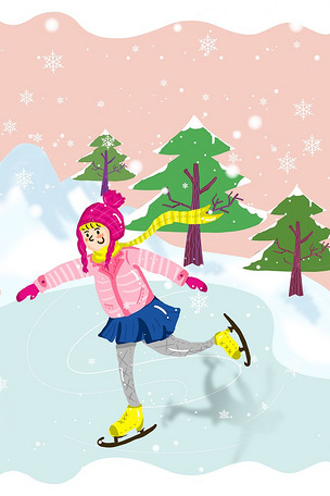 可爱女孩滑冰手绘插图psd源文件