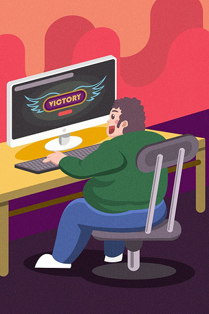 宅男肥宅生活方式上网游戏插画设计