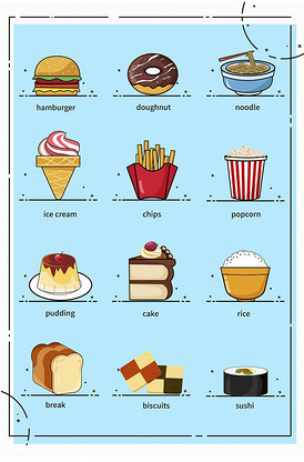 卡通英语教配图食物单词卡片