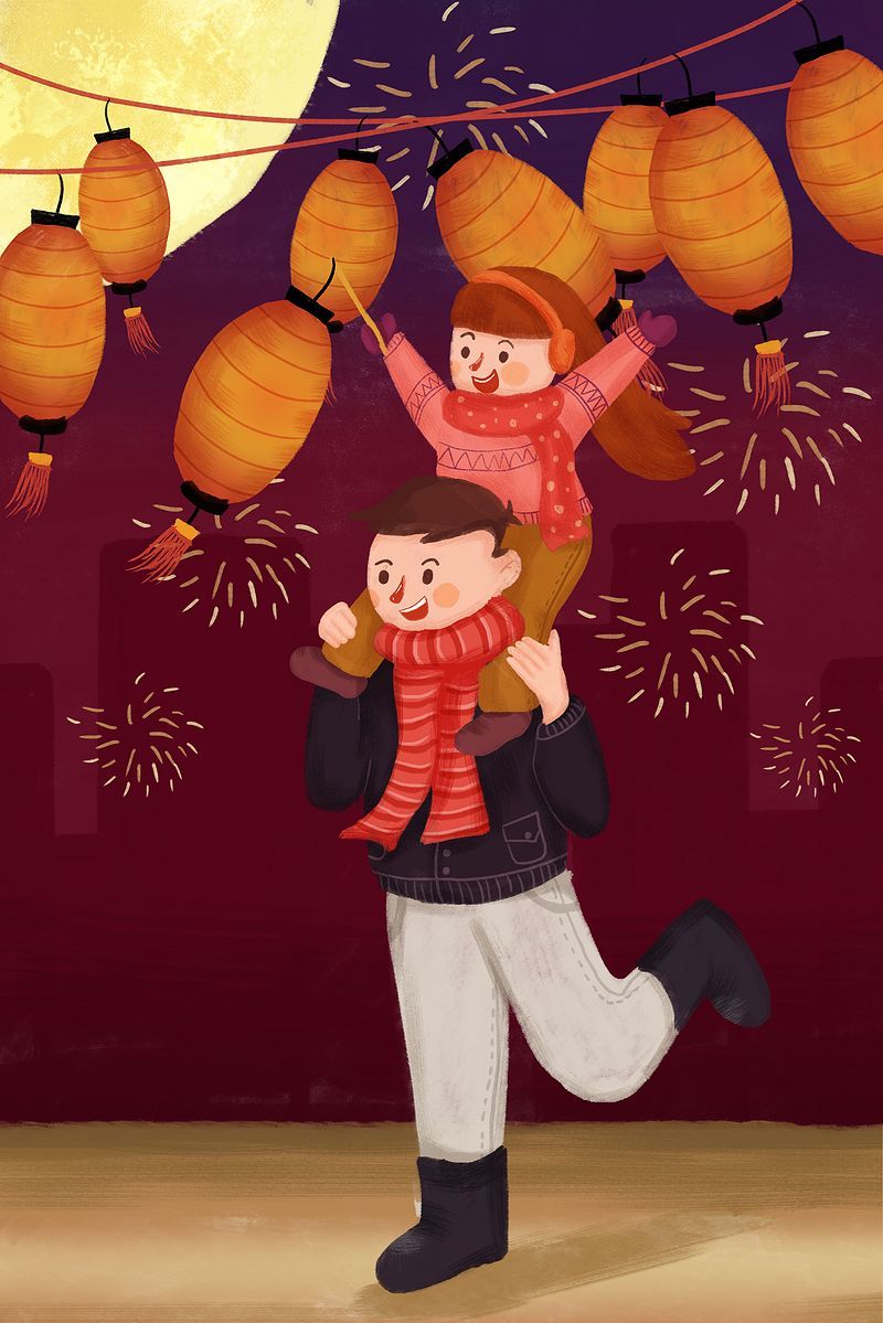 卡通元宵节赏花灯插画