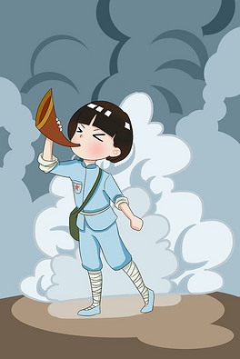 卡通手绘八一建军节红军硝烟中吹号角插画