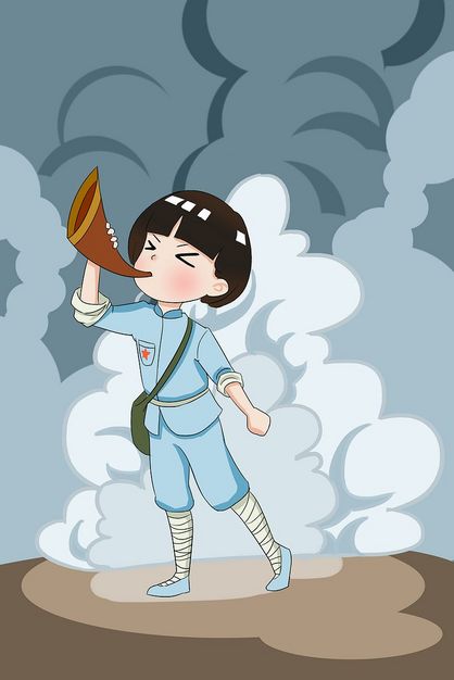 原创卡通手绘八一建军节红军硝烟中吹号角插画