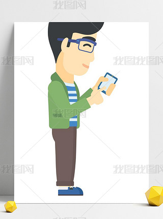 独立在白色背景上的亚洲人使用手机的插画：手机矢量平面设计