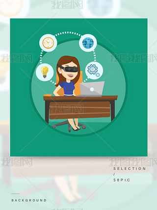女商人使用虚拟现实设备研究计算机：办公室独立圆圈矢量平面设计插画