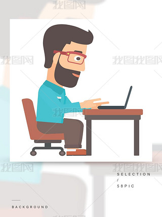 快乐年轻时髦人留胡子，在白色背景上坐在桌前使用笔记本电脑的矢量插画